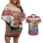 Aussie Wallaby Santa Surf Christmas Couples Matching Off Shoulder Short Dress and Hawaiian Shirt Festive Knitted Pattern Inspired