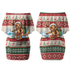 Aussie Wallaby Santa Surf Christmas Couples Matching Off Shoulder Short Dress and Hawaiian Shirt Festive Knitted Pattern Inspired