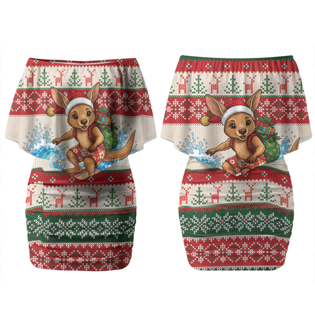 Aussie Wallaby Santa Surf Christmas Couples Matching Off Shoulder Short Dress and Hawaiian Shirt Festive Knitted Pattern Inspired