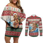 Aussie Wallaby Santa Surf Christmas Couples Matching Off Shoulder Short Dress and Long Sleeve Button Shirt Festive Knitted Pattern Inspired