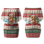 Aussie Wallaby Santa Surf Christmas Couples Matching Off Shoulder Short Dress and Long Sleeve Button Shirt Festive Knitted Pattern Inspired