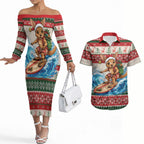Aussie Wallaby Santa Surf Christmas Couples Matching Off The Shoulder Long Sleeve Dress and Hawaiian Shirt Festive Knitted Pattern Inspired