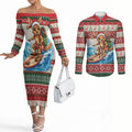 Aussie Wallaby Santa Surf Christmas Couples Matching Off The Shoulder Long Sleeve Dress and Long Sleeve Button Shirt Festive Knitted Pattern Inspired