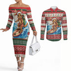 Aussie Wallaby Santa Surf Christmas Couples Matching Off The Shoulder Long Sleeve Dress and Long Sleeve Button Shirt Festive Knitted Pattern Inspired