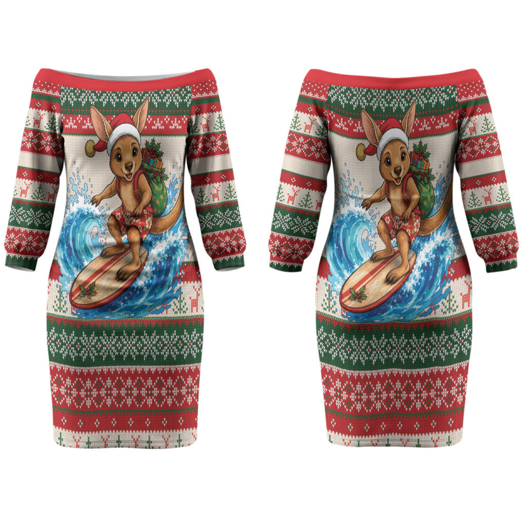 Aussie Wallaby Santa Surf Christmas Couples Matching Off The Shoulder Long Sleeve Dress and Long Sleeve Button Shirt Festive Knitted Pattern Inspired