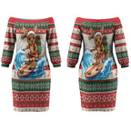 Aussie Wallaby Santa Surf Christmas Couples Matching Off The Shoulder Long Sleeve Dress and Long Sleeve Button Shirt Festive Knitted Pattern Inspired