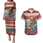 Aussie Wallaby Santa Surf Christmas Couples Matching Puletasi and Hawaiian Shirt Festive Knitted Pattern Inspired
