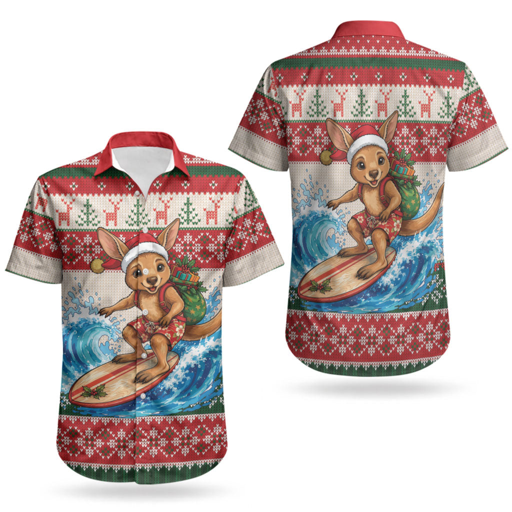 Aussie Wallaby Santa Surf Christmas Couples Matching Puletasi and Hawaiian Shirt Festive Knitted Pattern Inspired