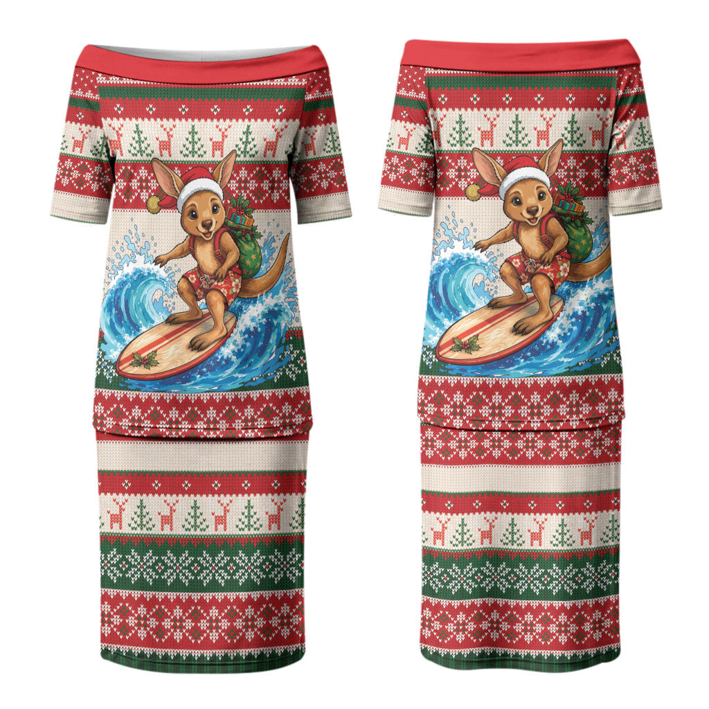 Aussie Wallaby Santa Surf Christmas Couples Matching Puletasi and Hawaiian Shirt Festive Knitted Pattern Inspired