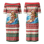 Aussie Wallaby Santa Surf Christmas Couples Matching Puletasi and Hawaiian Shirt Festive Knitted Pattern Inspired