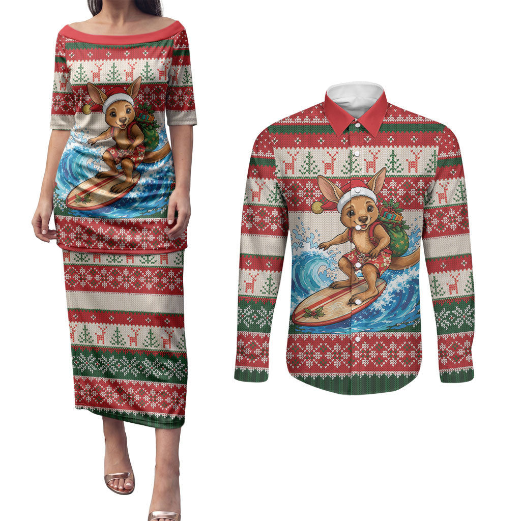 Aussie Wallaby Santa Surf Christmas Couples Matching Puletasi and Long Sleeve Button Shirt Festive Knitted Pattern Inspired