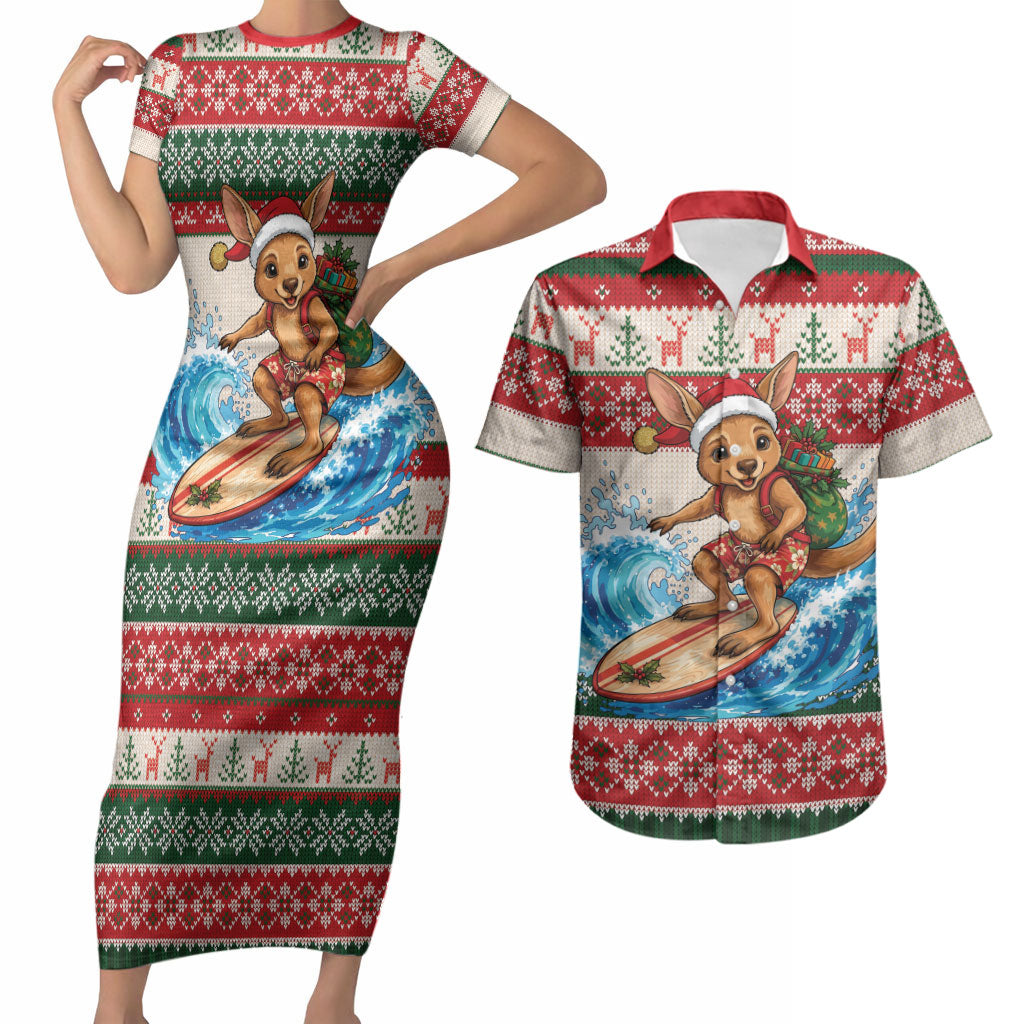 Aussie Wallaby Santa Surf Christmas Couples Matching Short Sleeve Bodycon Dress and Hawaiian Shirt Festive Knitted Pattern Inspired