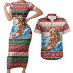 Aussie Wallaby Santa Surf Christmas Couples Matching Short Sleeve Bodycon Dress and Hawaiian Shirt Festive Knitted Pattern Inspired