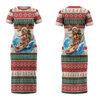 Aussie Wallaby Santa Surf Christmas Couples Matching Short Sleeve Bodycon Dress and Hawaiian Shirt Festive Knitted Pattern Inspired