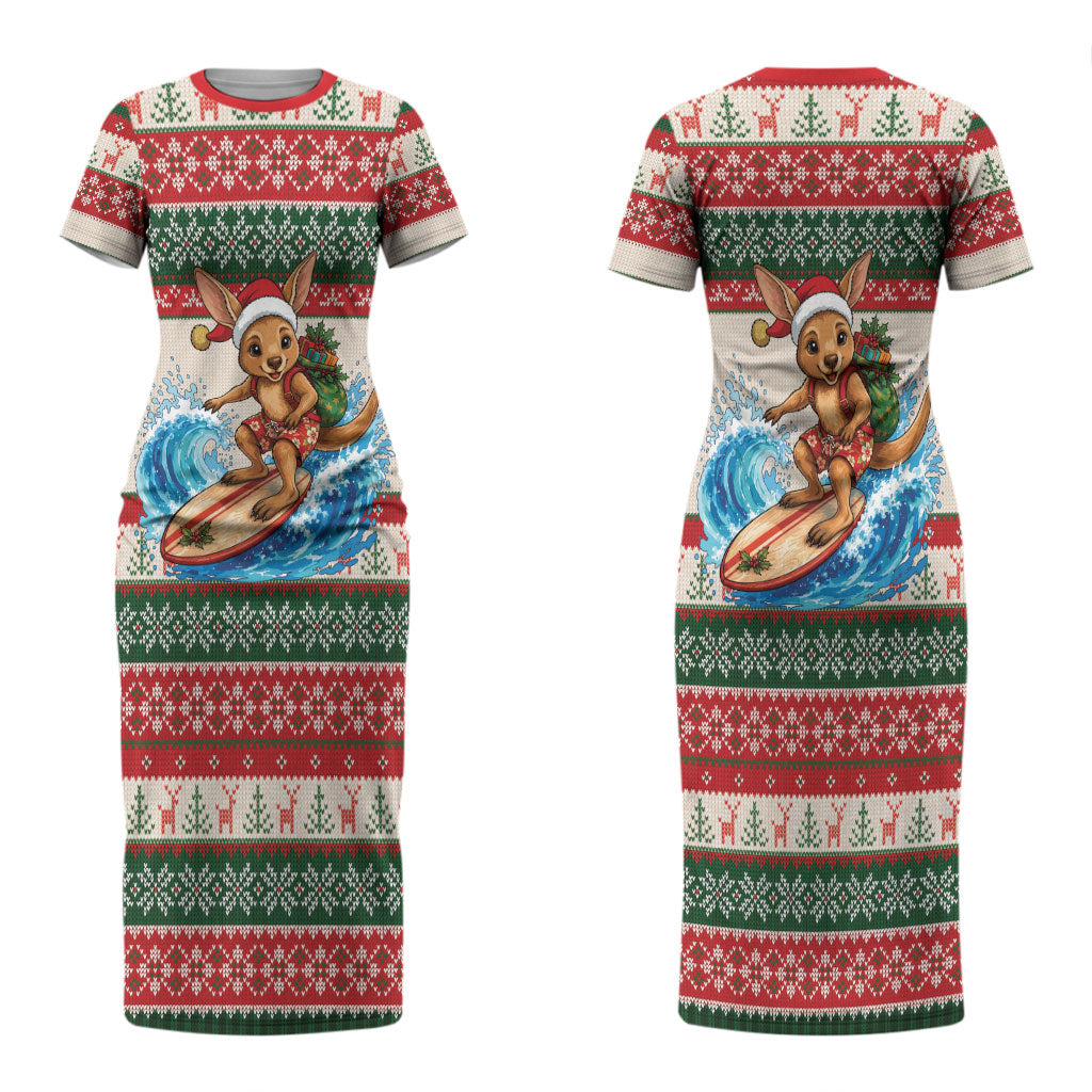 Aussie Wallaby Santa Surf Christmas Couples Matching Short Sleeve Bodycon Dress and Hawaiian Shirt Festive Knitted Pattern Inspired