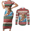 Aussie Wallaby Santa Surf Christmas Couples Matching Short Sleeve Bodycon Dress and Long Sleeve Button Shirt Festive Knitted Pattern Inspired