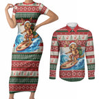 Aussie Wallaby Santa Surf Christmas Couples Matching Short Sleeve Bodycon Dress and Long Sleeve Button Shirt Festive Knitted Pattern Inspired