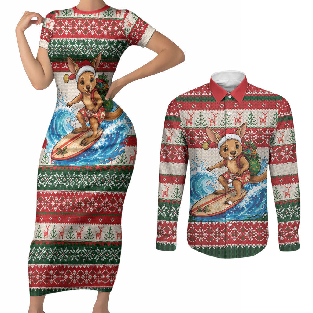 Aussie Wallaby Santa Surf Christmas Couples Matching Short Sleeve Bodycon Dress and Long Sleeve Button Shirt Festive Knitted Pattern Inspired