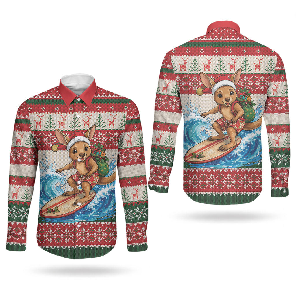 Aussie Wallaby Santa Surf Christmas Couples Matching Short Sleeve Bodycon Dress and Long Sleeve Button Shirt Festive Knitted Pattern Inspired