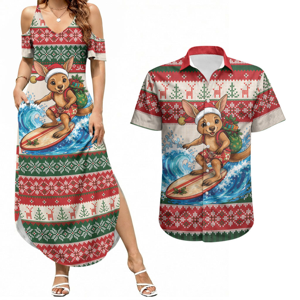 Aussie Wallaby Santa Surf Christmas Couples Matching Summer Maxi Dress and Hawaiian Shirt Festive Knitted Pattern Inspired