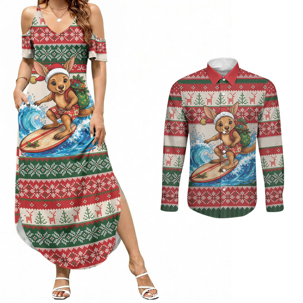 Aussie Wallaby Santa Surf Christmas Couples Matching Summer Maxi Dress and Long Sleeve Button Shirt Festive Knitted Pattern Inspired