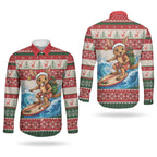 Aussie Wallaby Santa Surf Christmas Couples Matching Summer Maxi Dress and Long Sleeve Button Shirt Festive Knitted Pattern Inspired