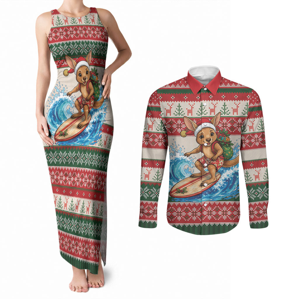 Aussie Wallaby Santa Surf Christmas Couples Matching Tank Maxi Dress and Long Sleeve Button Shirt Festive Knitted Pattern Inspired