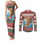 Aussie Wallaby Santa Surf Christmas Couples Matching Tank Maxi Dress and Long Sleeve Button Shirt Festive Knitted Pattern Inspired