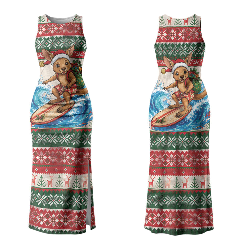 Aussie Wallaby Santa Surf Christmas Couples Matching Tank Maxi Dress and Long Sleeve Button Shirt Festive Knitted Pattern Inspired
