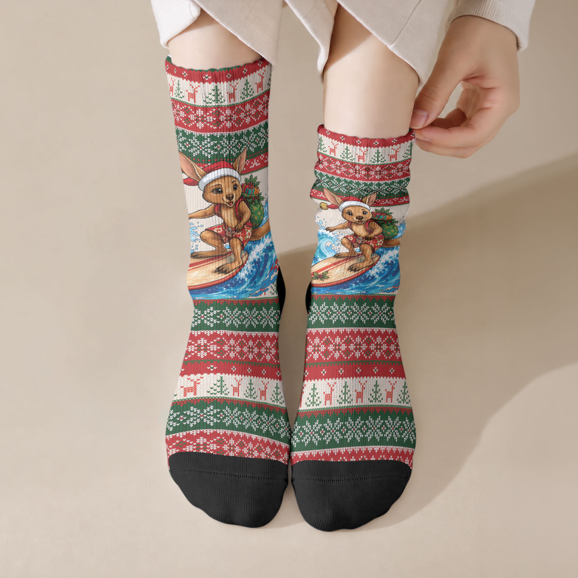 Aussie Wallaby Santa Surf Christmas Crew Socks Festive Knitted Pattern Inspired