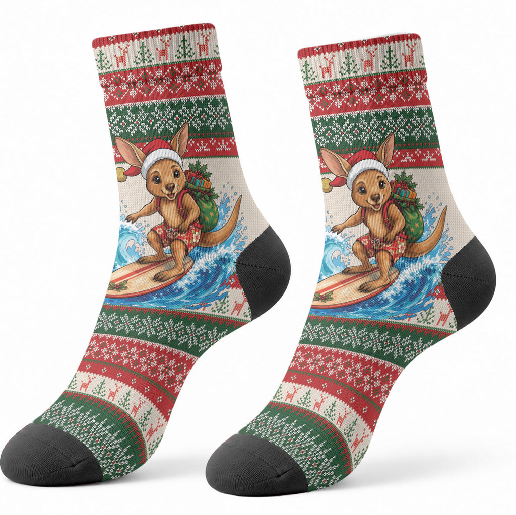 Aussie Wallaby Santa Surf Christmas Crew Socks Festive Knitted Pattern Inspired