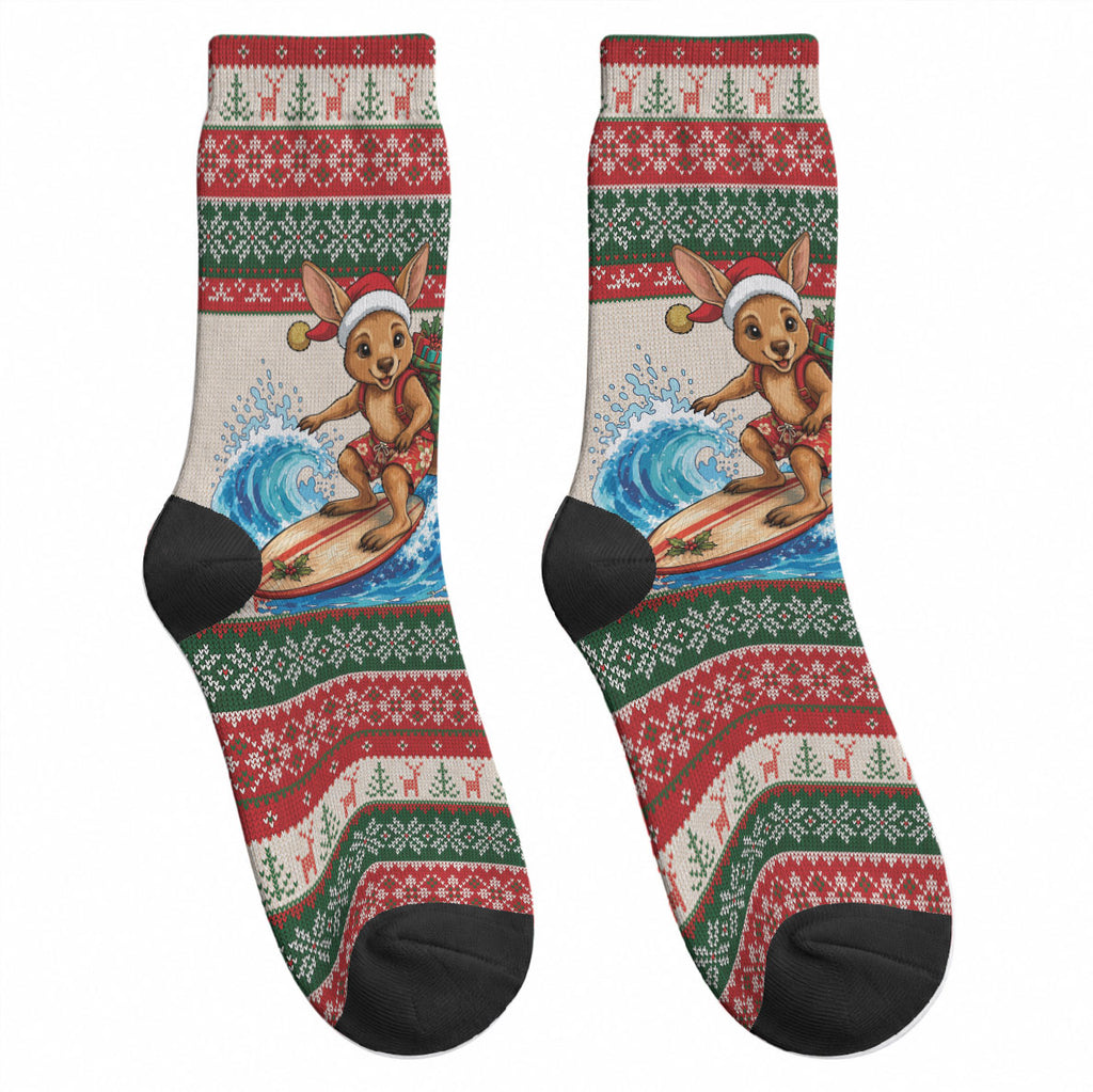 Aussie Wallaby Santa Surf Christmas Crew Socks Festive Knitted Pattern Inspired