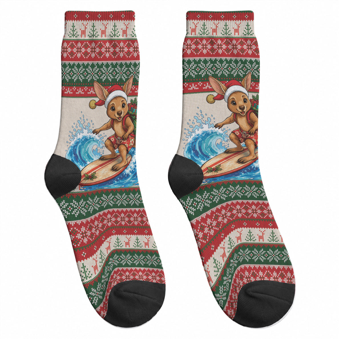 Aussie Wallaby Santa Surf Christmas Crew Socks Festive Knitted Pattern Inspired