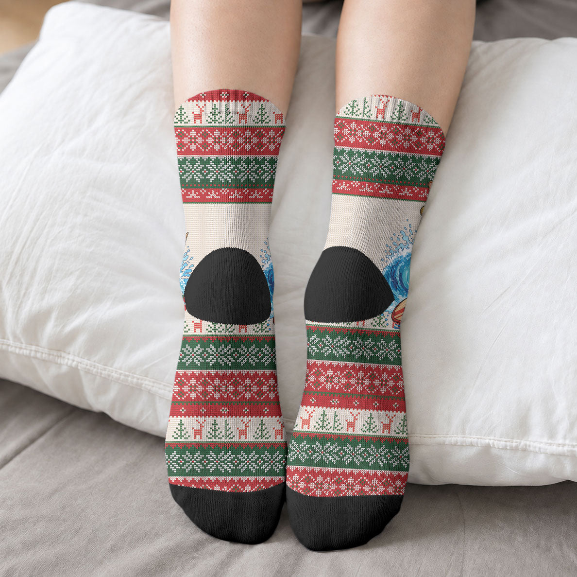 Aussie Wallaby Santa Surf Christmas Crew Socks Festive Knitted Pattern Inspired