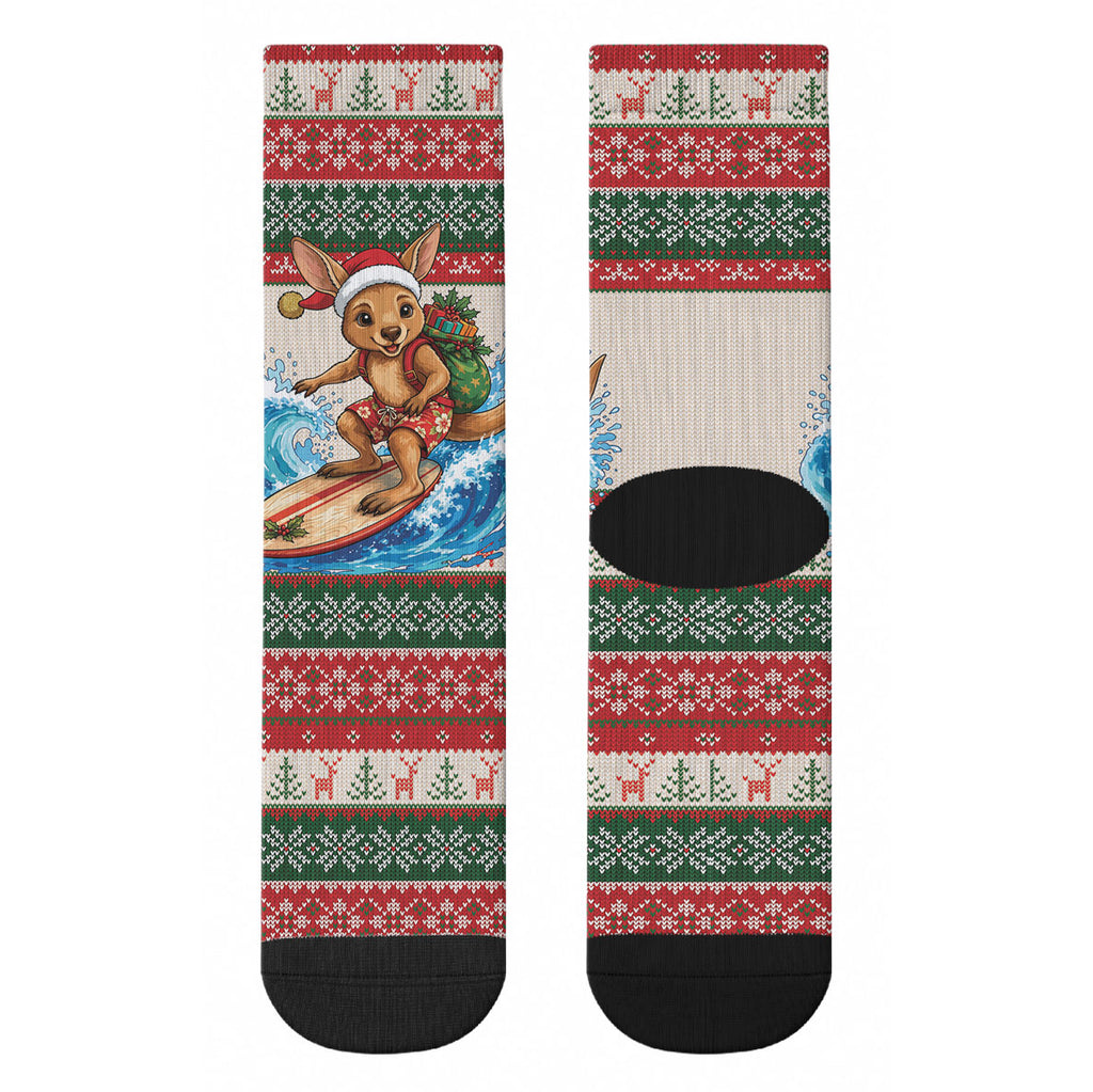 Aussie Wallaby Santa Surf Christmas Crew Socks Festive Knitted Pattern Inspired
