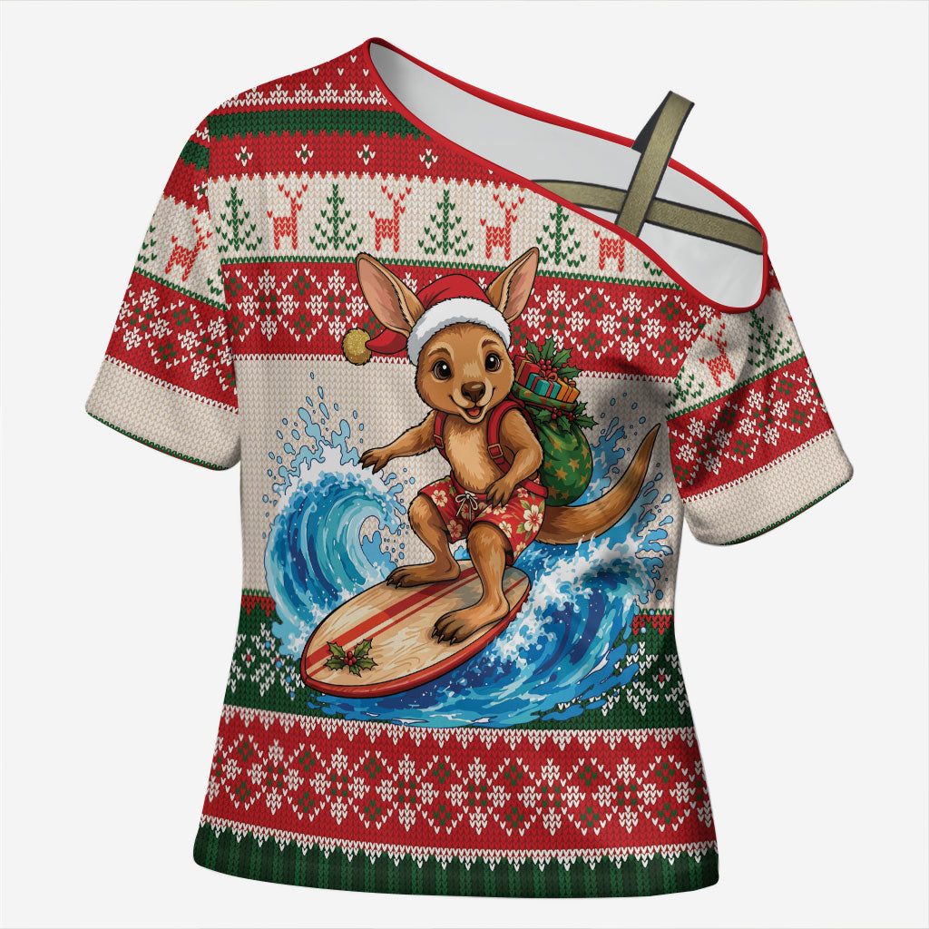 Aussie Wallaby Santa Surf Christmas Cross Shoulder Shirt Festive Knitted Pattern Inspired