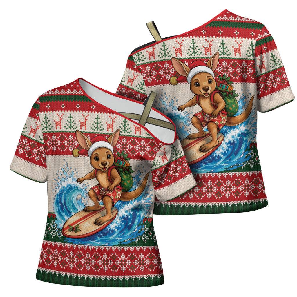 Aussie Wallaby Santa Surf Christmas Cross Shoulder Shirt Festive Knitted Pattern Inspired