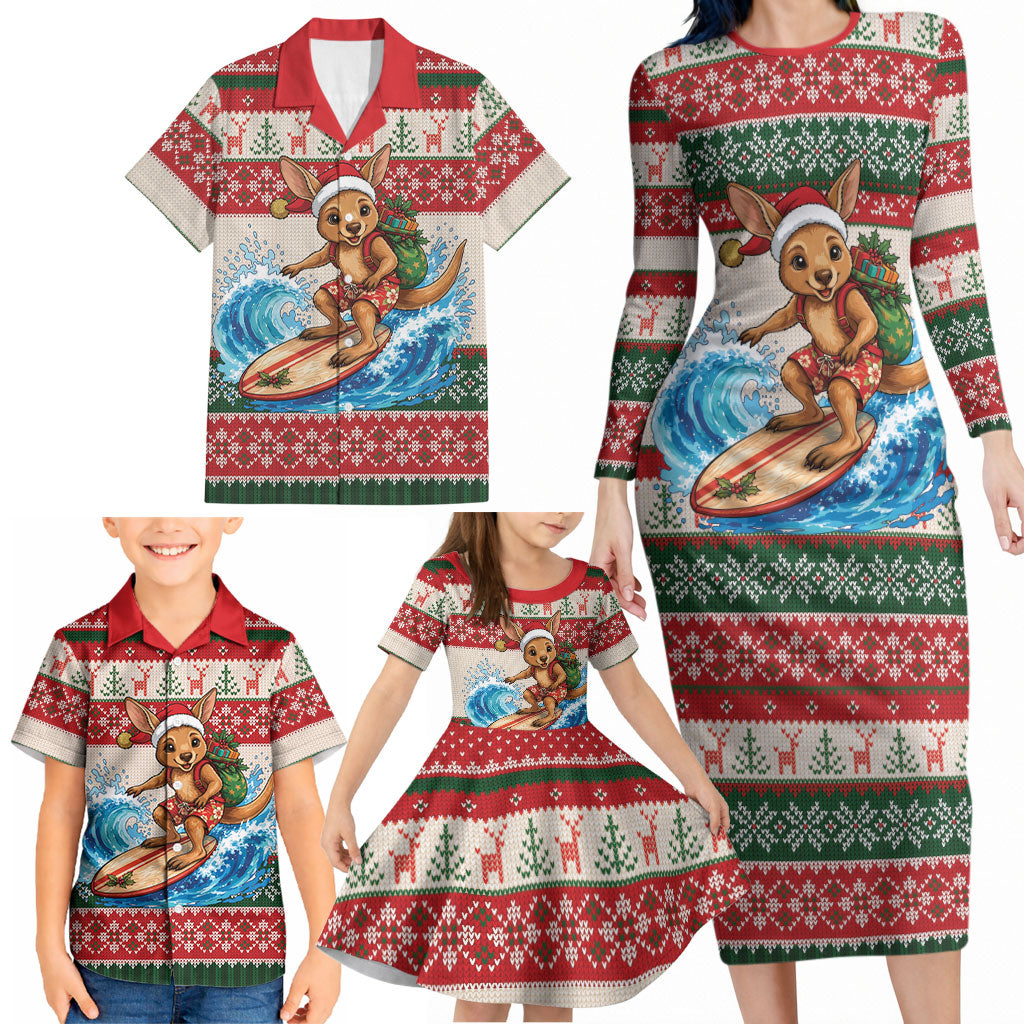 Aussie Wallaby Santa Surf Christmas Family Matching Long Sleeve Bodycon Dress and Hawaiian Shirt Festive Knitted Pattern Inspired