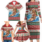 Aussie Wallaby Santa Surf Christmas Family Matching Long Sleeve Bodycon Dress and Hawaiian Shirt Festive Knitted Pattern Inspired