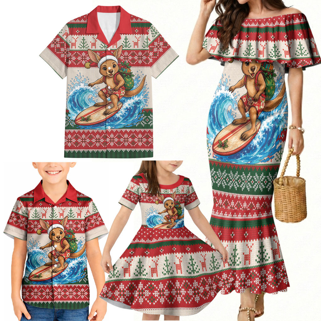 Aussie Wallaby Santa Surf Christmas Family Matching Mermaid Dress and Hawaiian Shirt Festive Knitted Pattern Inspired