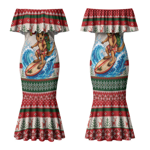 Aussie Wallaby Santa Surf Christmas Family Matching Mermaid Dress and Hawaiian Shirt Festive Knitted Pattern Inspired