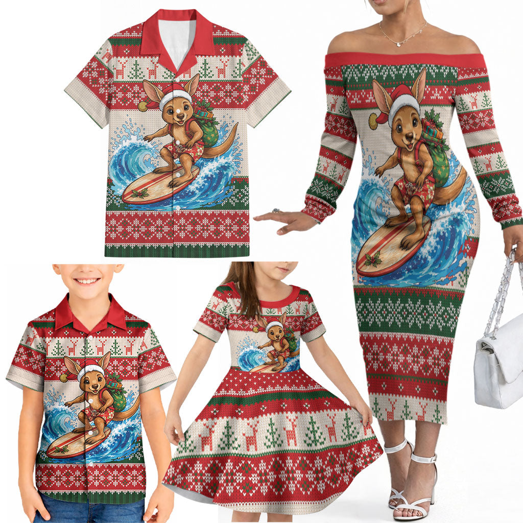 Aussie Wallaby Santa Surf Christmas Family Matching Off The Shoulder Long Sleeve Dress and Hawaiian Shirt Festive Knitted Pattern Inspired