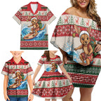Aussie Wallaby Santa Surf Christmas Family Matching Off Shoulder Short Dress and Hawaiian Shirt Festive Knitted Pattern Inspired