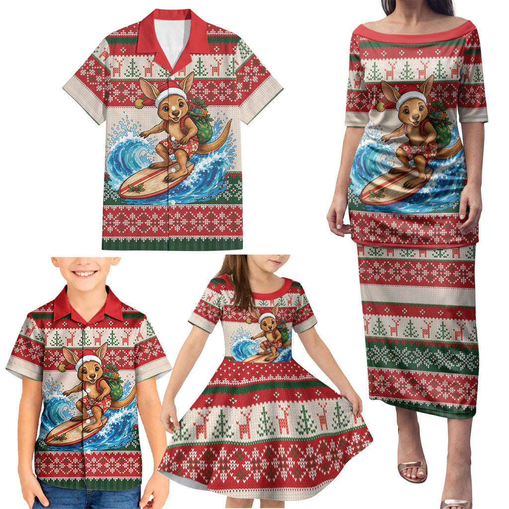 Aussie Wallaby Santa Surf Christmas Family Matching Puletasi and Hawaiian Shirt Festive Knitted Pattern Inspired