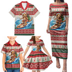 Aussie Wallaby Santa Surf Christmas Family Matching Puletasi and Hawaiian Shirt Festive Knitted Pattern Inspired