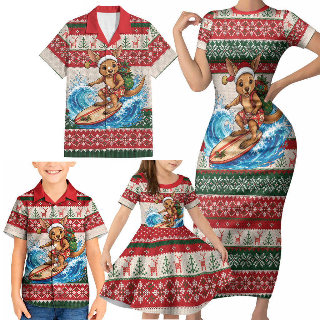 Aussie Wallaby Santa Surf Christmas Family Matching Short Sleeve Bodycon Dress and Hawaiian Shirt Festive Knitted Pattern Inspired