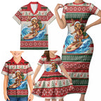 Aussie Wallaby Santa Surf Christmas Family Matching Short Sleeve Bodycon Dress and Hawaiian Shirt Festive Knitted Pattern Inspired