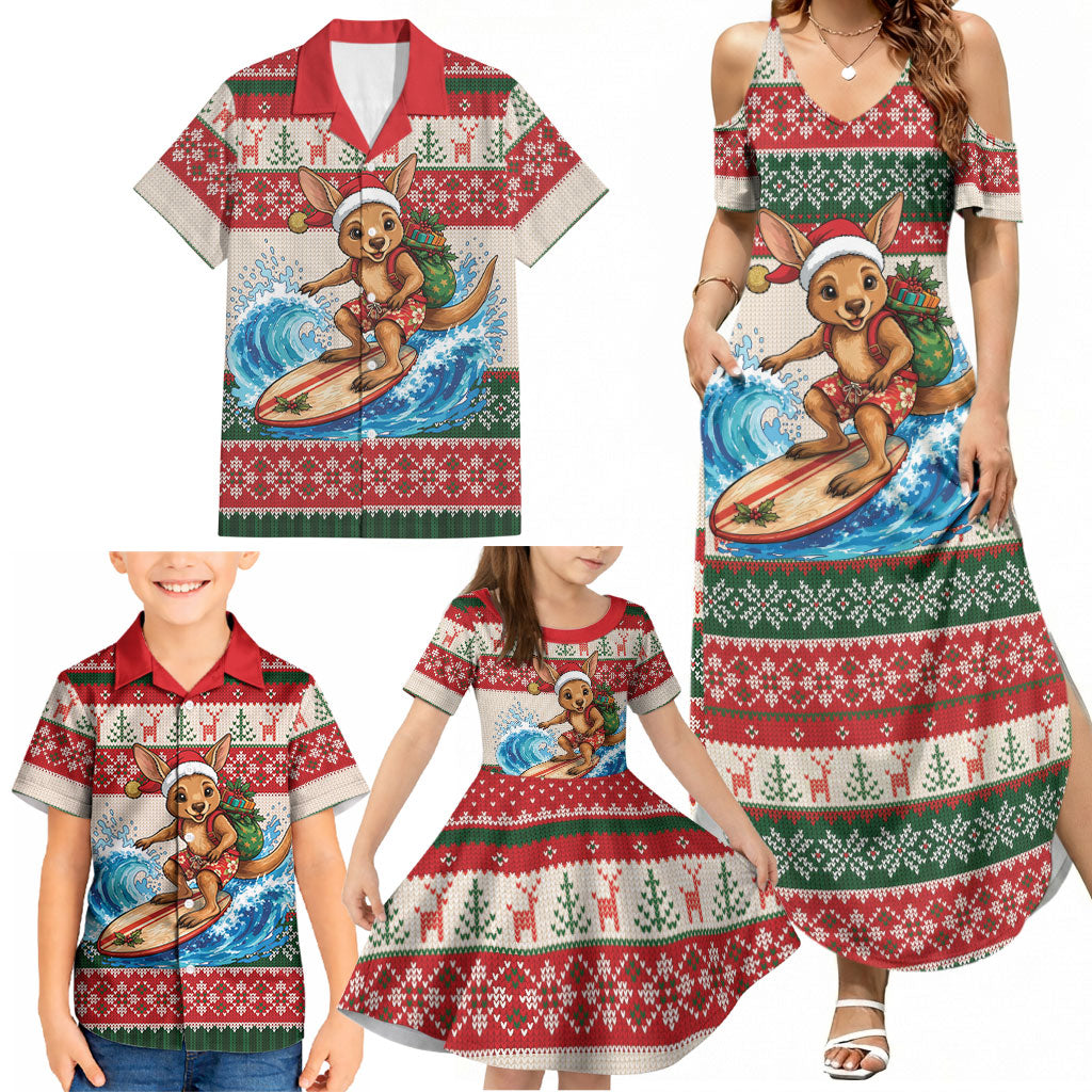 Aussie Wallaby Santa Surf Christmas Family Matching Summer Maxi Dress and Hawaiian Shirt Festive Knitted Pattern Inspired