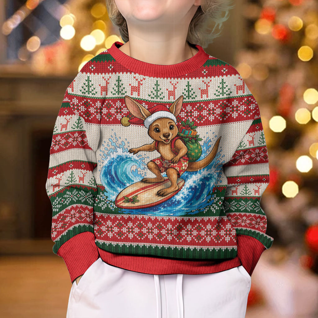 Aussie Wallaby Santa Surf Christmas Kid Ugly Christmas Sweater Festive Knitted Pattern Inspired