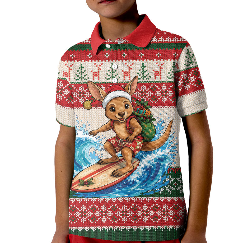 Aussie Wallaby Santa Surf Christmas Kid Polo Shirt Festive Knitted Pattern Inspired
